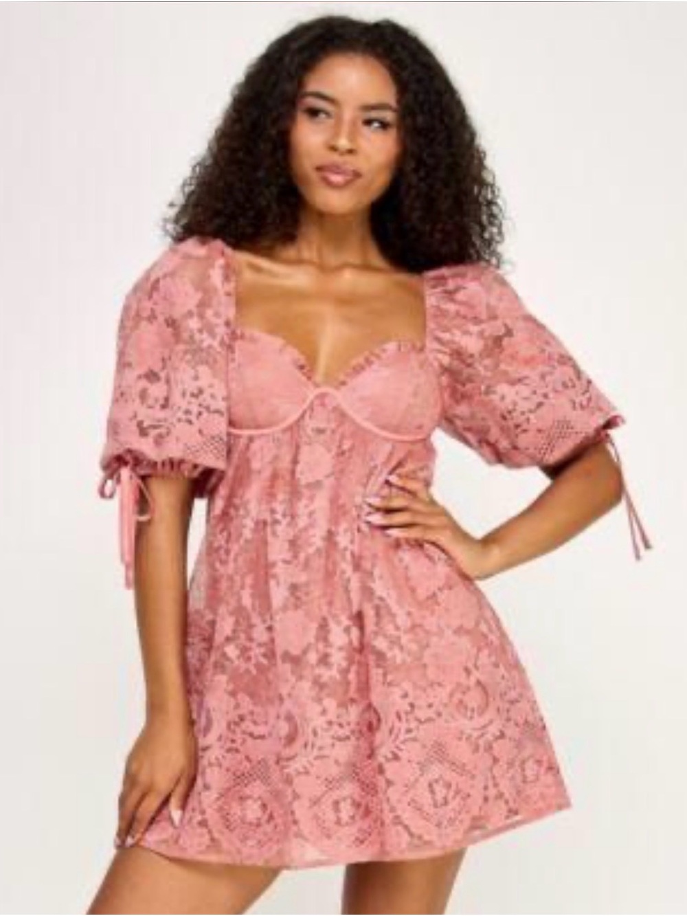 Seni & Code Pink Lace Puff Sleeve Mini Dress – Size Medium